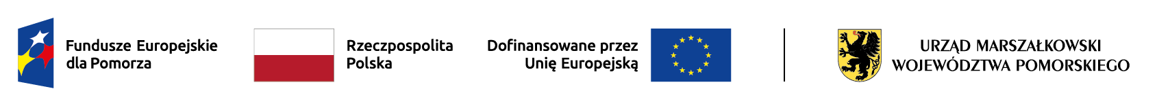 Logo Funduszy UE, Flaga polski, Logo Unii Europejskiej, Herb Urzędu marszałkowskiego województwa Pomorskiego